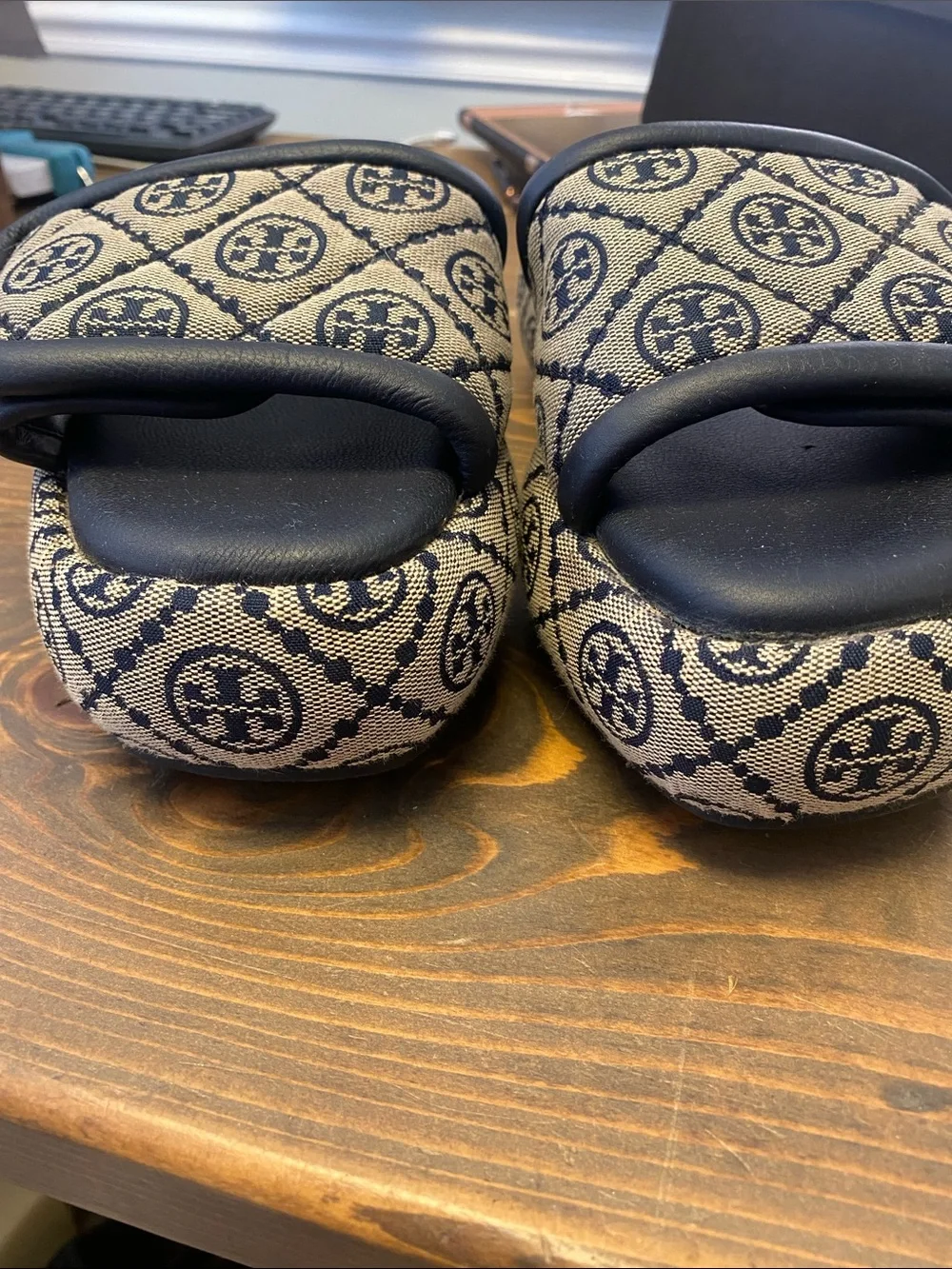Tory Burch Navy and Beige Logo Jacquard Slide Sandals